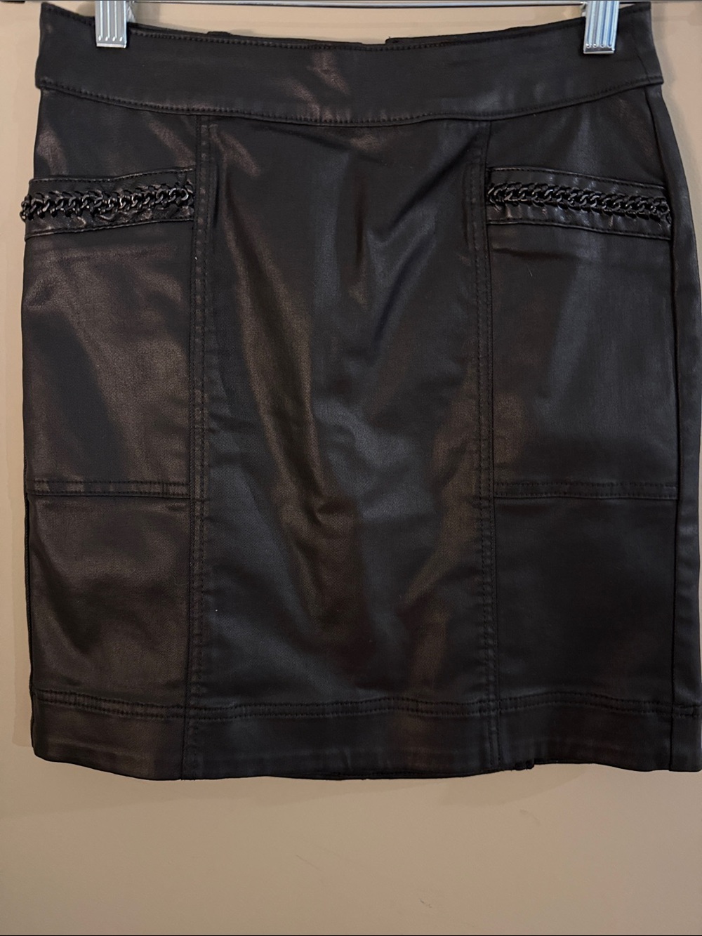 White House Black Market Black Coated Denim Mini Skirt with Chain Detail Size 4